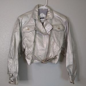 Vintage Silver Cropped 100% Leather Biker Jacket